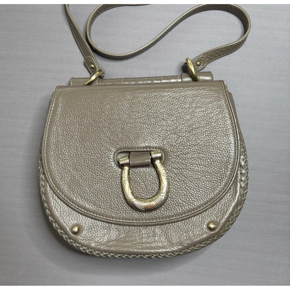 Sancia Maela Taupe Pebbled Leather Crossbody Bag Horseshoe Brass Quiet Luxury